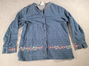 Vtg Blair Denim Shirt Medium Button Long Sleeve Jacket Embroidered Floral - Picture 1 of 13