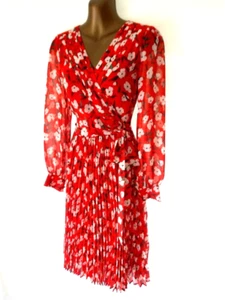 Phase Eight Red floral pleated dress 8 tie belt long sleeves floaty (8570 - Picture 1 of 5