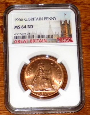 1966 GREAT BRITAIN NGC MS 64 RD BRITISH UK Penny MS64RD Certified Graded Coin  - Image 1 of 4