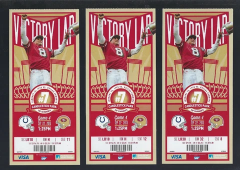 LOT OF 3 COLTS @ 49ERS 2013 NFL FULL FOOTBALL TICKETS - LAST SEASON CANDLESTICK Cover