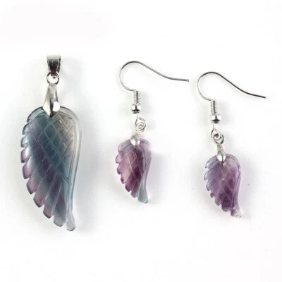 2 peças conjunto de brincos pingente de prata com pedras preciosas de fluorita arco-íris genuínas asas de anjo - Imagem 1 de 3