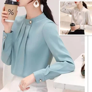 Fashion Long Sleeve Business Casual Top Blouse Ruffled Elegant Chic Stand Shirts - Picture 1 of 10
