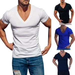 Mens V-Neck T Shirts Short Sleeve Muscle Slim Fit Summer Sport Gym Tee Tops Size - Picture 1 of 24