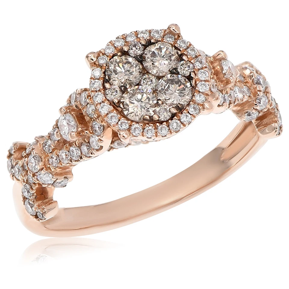 14K ROSE GOLD PAVE DIAMOND BROWN COGNAC CHAMPAGNE CLUSTER HALO ENGAGEMENT RING - Image 1 of 1