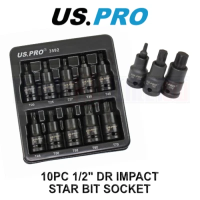 US PRO Tools 10PC 1/2" DR Torx Impact Star Bit Socket Set T20 - T70 3592 - Image 1 of 4