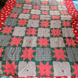 Vintage Quilt 85" X 66" Hand Crafted Stars Red SH... Quiet Please! Flanel Back - Picture 1 of 11