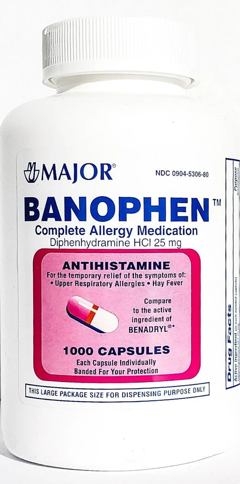 Major Banophen Benadryl Diphenhydramine 25mg Capsules 1000ct - Exp Date 6-2026 - Image 1 of 1