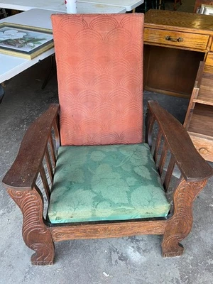 VTG 1875 Oak Victorian Morris Chair Spindle Sides Paw Footed W/Floral Cushions - Image 1 of 4