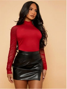 Radiana Spring Summer Small Turtleneck Mesh Sleeve Black Tight Long-Sleeved Top - Picture 1 of 5