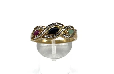 925/- Silberring, Vergoldet, Saphir, Rubin, Smaragd, Muster, Gr. 66 - Bild 1 von 3