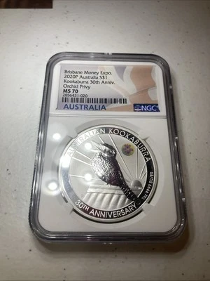 2020 1 Oz Silver Brisbane Money Expo 30th Anniversary Orchid Privy Ngc Ms70 - Image 1 of 2