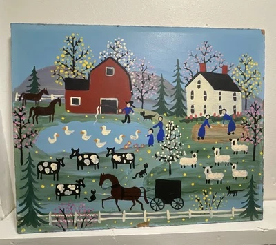 FOLK ART PAINTING - Small Painted On Old Paneling  PRIMITIVE STYLE AMISH FARM - Image 1 of 4
