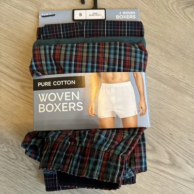 M&S Mens 3 Pack Pure Cotton Woven Boxer Shorts Pants Small 30-32” BNWT - Image 1 of 4