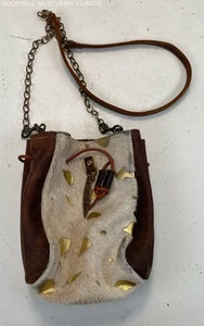 Canoe Handbag Cross-Body Purse Brown Beige Gold-Tone Cow Hide w/Hair Leather - Picture 1 of 6