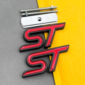 Metal Black & Red ST Grille Car Emblem + Rear Lid Trunk Sport Turbo Badge Decal - Picture 1 of 6