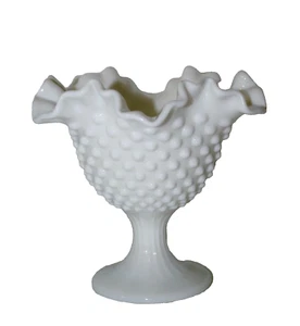 Old Virginia Glass ~ Fenton Milk Glass Hobnail Compote Crimped Rim Vintage - Picture 1 of 12