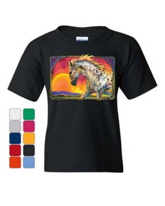 Horse Prancing in Sunset Youth T-Shirt Animal Wildlife Mare Stallion Kids Tee - Picture 1 of 8