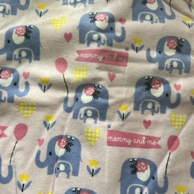 1 3/8 Yards Pink Elephants Flannel Fabric Mommy And Me Pink Lavender Hearts - Image 1 of 4
