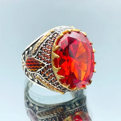 Men's Simulated Red Ruby 925 Sterling Silver Ring Handmade Gift For Him Turkish - Image 1 of 4