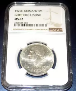 Alemania Weimar Plata 1929G 3 Reichsmark Gotthold Lessing NGC MS62 KM60 MONEDA SIN CIRCULAR - Imagen 1 de 4