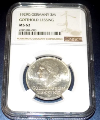 Germany Weimar Silver 1929G 3 Reichsmark Gotthold Lessing NGC MS62 KM60 UNC COIN - Image 1 of 4