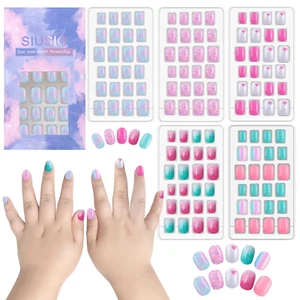 120 Pcs 5 Pack Children Acrylic Fake Nails Press on Pre-Glue Full Cover Glitter - Picture 1 of 12