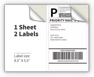 Shipping Labels 8.5x5.5 half sheet Self Adhesive 2 Per Sheet 100 Sheets 200 Labe - Picture 1 of 8