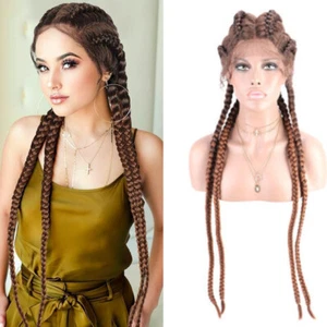 Brown Box Braided Wigs Synthetic Lace Front Wig for Black Women 34inch Braids US - Picture 1 of 12