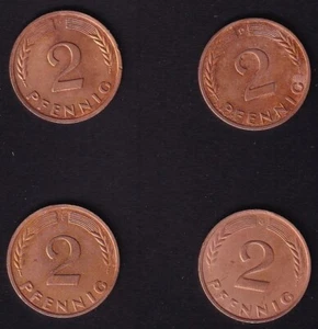 4 Kursmünzen 2 Pf 1962 D F G J - Jäger 381 – Kupfer - Bild 1 von 2