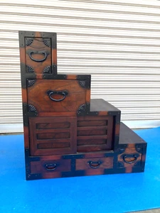 Japanese Vintage KAIDAN TANSU Step chest SHOWA retro Antiques Both Sides Open - Picture 1 of 17