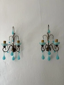 ~French Tole Aqua Blue Murano Opaline Drops & Beads Bobeches Sconces~ - Picture 1 of 9