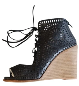 Jeffrey Campbell Black Leather Laser Cut Out Wedge Heels Women's Size 6.5 - Picture 1 of 14