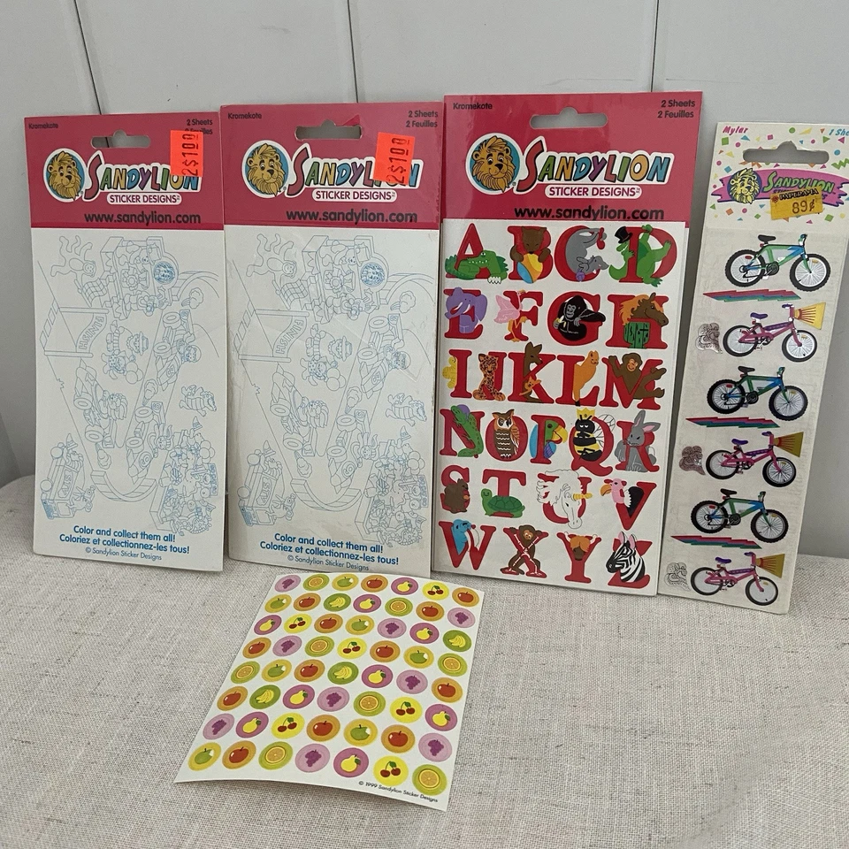 5 vintage 90s Sandylion stickers LOT fruit Kromekote animal alphabet Mylar bike - Image 1 of 4