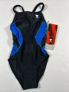 TYR Girls Alliance Diamond Back One Piece Swimsuit Black Blue Size 22 NWT (TG8) - Picture 1 of 13