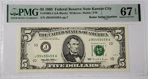 Billete de $5 1995 elegante número de serie PMG 67 excelente gema sin circular radar - J 95455459 A - Imagen 1 de 4