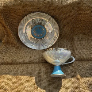 Taza de té y platillo vintage Royal Halsey azul/blanco/dorado iridiscente - Imagen 1 de 7