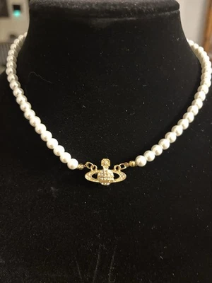 Vivienne Westwood Pearl Orb Choker Necklace Gold Tone & Crystal Orb Pendant - Image 1 of 2