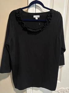 Susan Graver Gr. XL Pullover Rüschenausschnitt schwarz 3/4 Arm Neu ohne Etikett - Bild 1 von 5