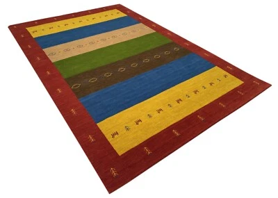 Teppich 100% Wolle 170x240 cm Grün Blau Gold Handgewebt Gabbeh Orient BR12 - Bild 1 von 4