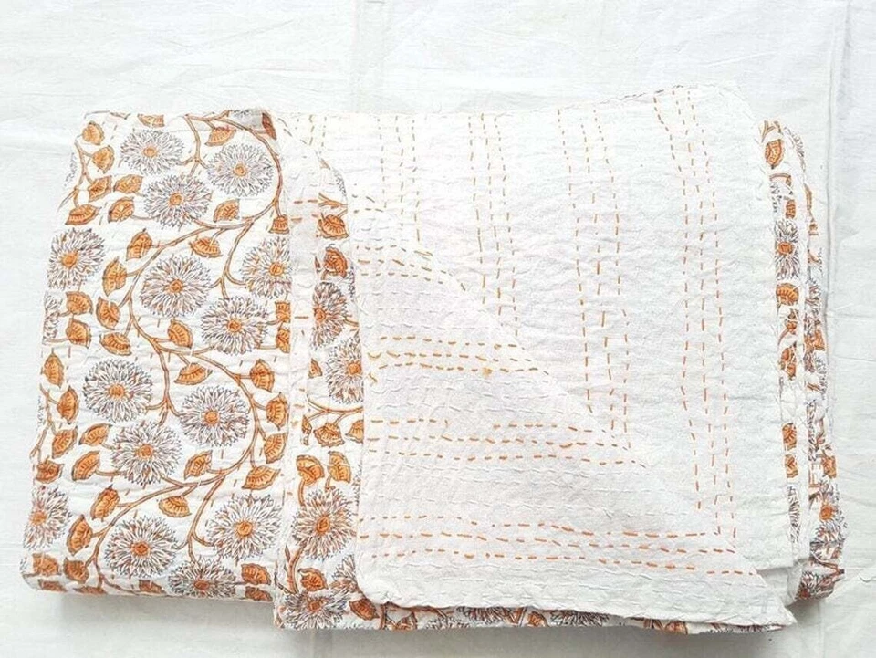Indian Handmade Cotton Kantha Quilt Hand Block Print King Size Bedspread Blanket - Image 1 of 4