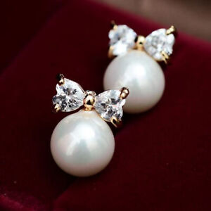 Elegant White Pearl Women 925 Silver Stud Earrings Anniversary Jewelry A Pair