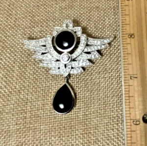 JENNA NICOLE Vintage Creations - Sterling Blk Onyx CZ Regal Wings Pin Free Ship - Picture 1 of 4
