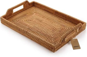 Hand-woven rattan rectangular cutlery tray (17x11.4x1.8 inches) with handles - Picture 1 of 6