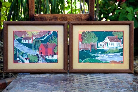 2 Vintage Framed 1940s-50s Folk Art Barkcloth Textile Fabric Farm Scene Cover