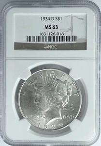 1934 D Peace Dollar NGC MS 63 - Picture 1 of 2