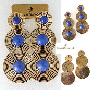 SAMANTHA WILLS Drop Stone Earrings Costa Del Sol Lapis Gold NWT Pouch - Picture 1 of 6
