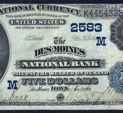 🇺🇸IA  1882 $5 DATE BACK ♚♚DES MOINES, IOWA♚♚ PMG VERY FINE 30 NICE COLOR! - Image 1 of 3