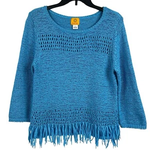 Ruby Rd Womens Open Knit Top Blue Fringe Large - Picture 1 of 9