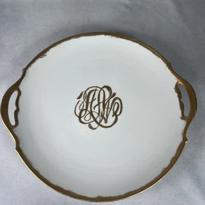 ANTIQUE LIMOGES T&V CAKE PLATE MONOGRAMED WHITE GOLD LARGE 13”PLATTER TRAY - Picture 1 of 13