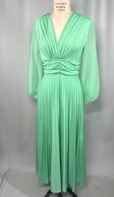 Vintage Dress SIZE MEDIUM green sheer long sleeve 60s 70s pleat maxi - Image 1 of 4